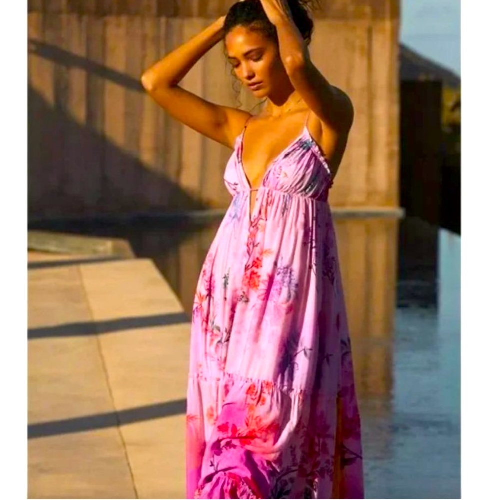 NWT Anthropologie Alissa Tiered Floral Pink Ombre Maxi Dress Size S